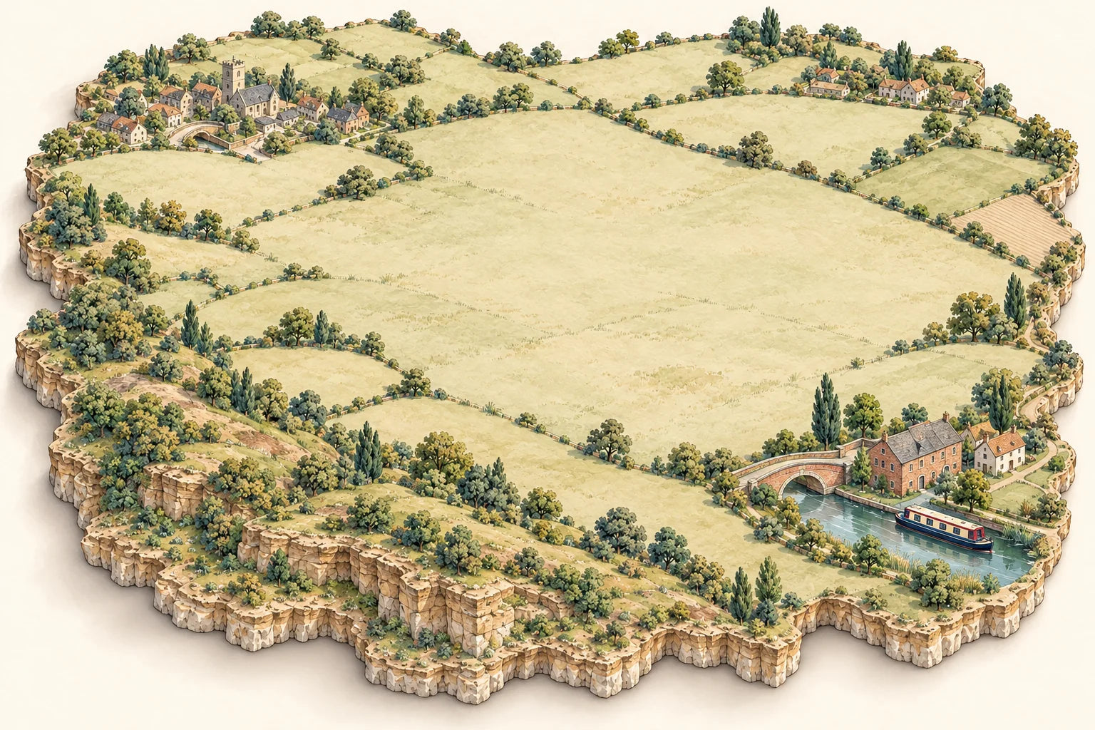 A softly painted western English canal countryside with a wooded sandstone ridge, small market town and historic canal basin