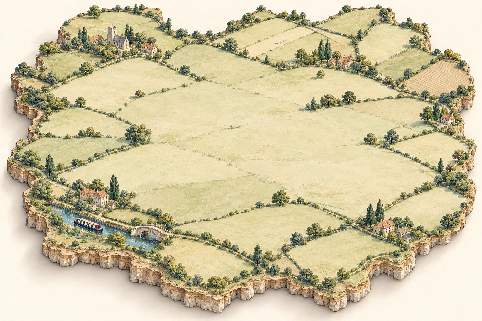 A softly painted English canal countryside with open fields, small villages and a raised terrain edge
